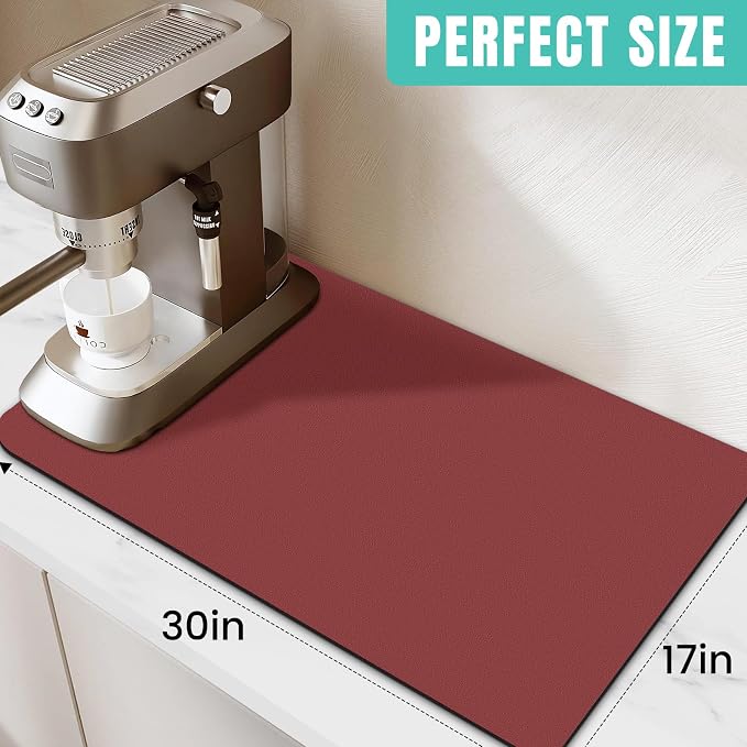 WISELIFE Coffee Mat Super Absorbent Dish Drying Mat Coffee Bar Accessories Match with Machine Large Drying Mats for Kitchen Counter 17" W x 30" L, Red