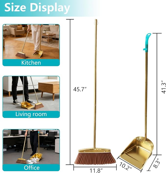 Broom and Dustpan Set Heavy Duty, Gold Stainless Steel Broom with Dustpan Combo Set, Long Handle Upright Metal Dust Pan with Comb Teeth for Pet Hair, Home, Kitchen and Office (Golden Teeth)