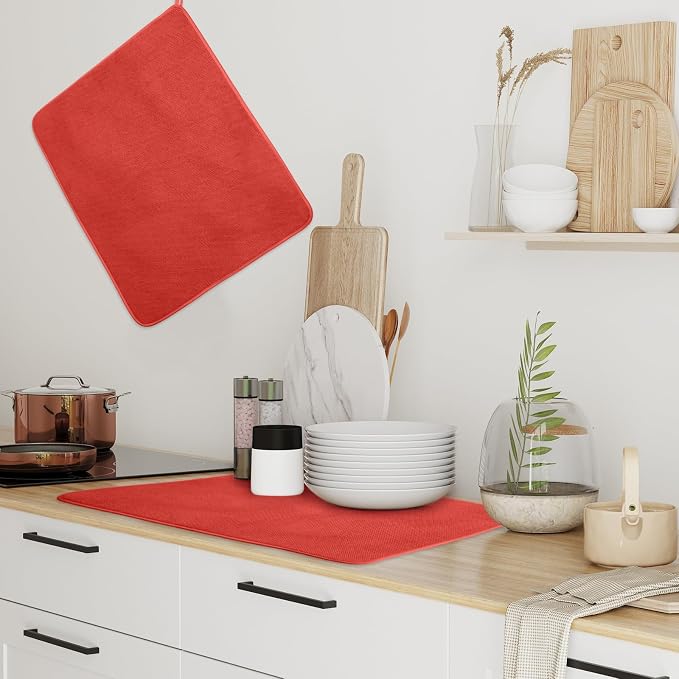 Hushee 2 Pack Extra Large Dish Drying Mat Microfiber Absorbent Dish Drying Pad Large Size Dishes Drainer Mats for Countertop, Sink, Refrigerator or Dryer (30 x 24 Inch,Red)