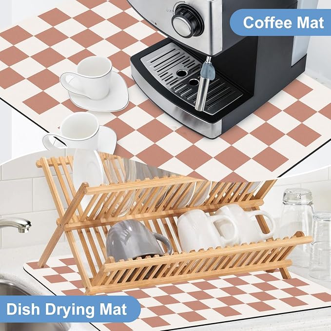 Clinuse Coffee Mats, 19"x12" Checkered Dish Drying Mat for Kitchen Counter, Quick Dry Mat, Diatomite Absorbent Aesthetic Large Drying Mats for Coffee Bar - Beige White