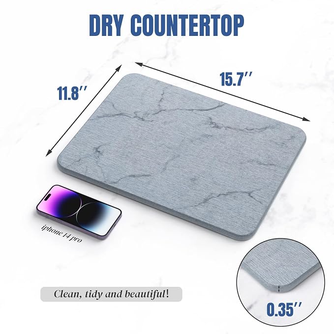 Quick Dry Stone Drying Mat for Kitchen Counter, Water-Absorbent Diatomaceous Dish Drying Mats, Multi-Purpose Stone Drying Tray for Cups Dishes Bottles, Ash-Marble