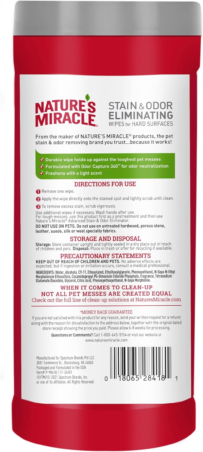 Nature's Miracle Advanced Pet Stain & Odor Eliminating Wipes, 30 Count | Enzymatic Cleaner Eliminates Tough Pet Messes, Quick Clean-Up For Hard Surfaces, Safe For Pets and Home*, Fresh Scent