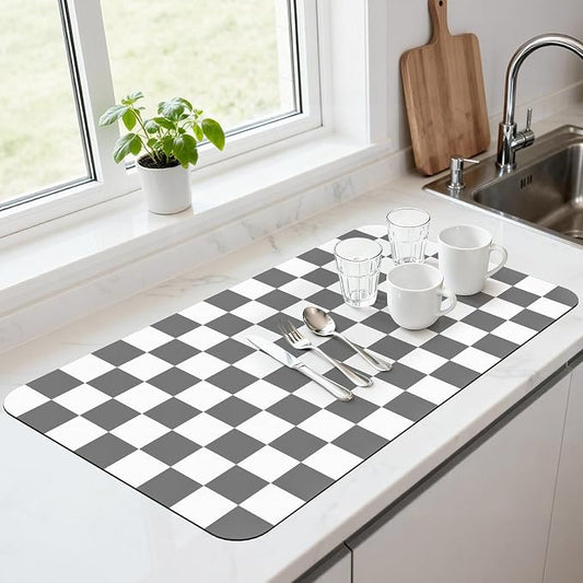 17" x 32" Checkered Dish Drying Mat for Kitchen Counter, Absorbent Coffee Bar Mat for Espresso Machine Coffee Countertops Accessories, Grey