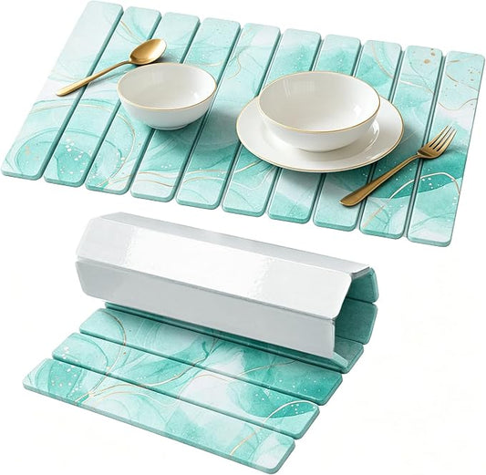 Stone Drying Mat for Kitchen Counter, Quick Diatomaceous Earth Mats for Dishes, 24"L x 16" W Super Absorbent Fast-Drying Collapsible Countertop Stone Mat (Marble White Green-01, 24" x 16")