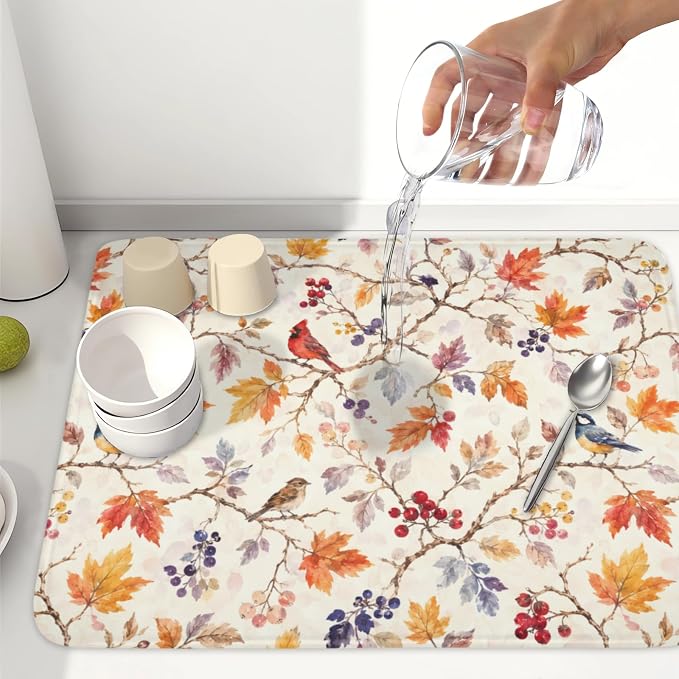 Fall Dish Drying Mat for Kitchen Counter Autumn Harvest Watercolor Maple Leaves Birds Dish Drainer Mat Rustic Farmhouse Absorbent Washable Drying Pad 18"x24"