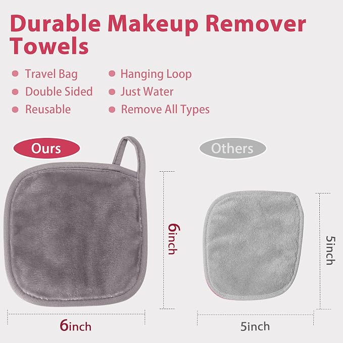 Natwag Makeup Remover Cloth, 6" x 6" Make Up Towels Reusable Face Cloth for Washing Face, Makeup Remover Pads Microfiber Face Washcloth with Mesh Bag, Just Water, 12 Pack, Cool Grey