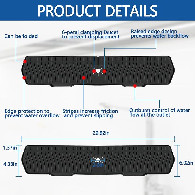 Kitchen Sink Splash Guard Gen2-30" x 6'' Silicone Sink Mat Splash Guard fit for Countertop, Bathroom,Farmhouse,RV by EBIGIC (Black)