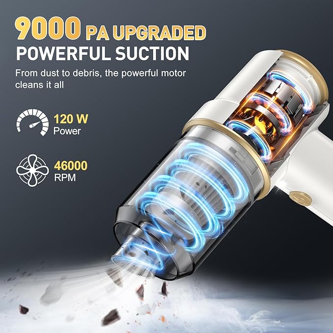 KMM Handheld Car Vacuum Cleaner, 9000PA Hand Held Vacuum & Air Duster | Strong Suction, 120W High Power, Portable, Cordless, Multi-Nozzles & LED Light, for Home, Car, Office