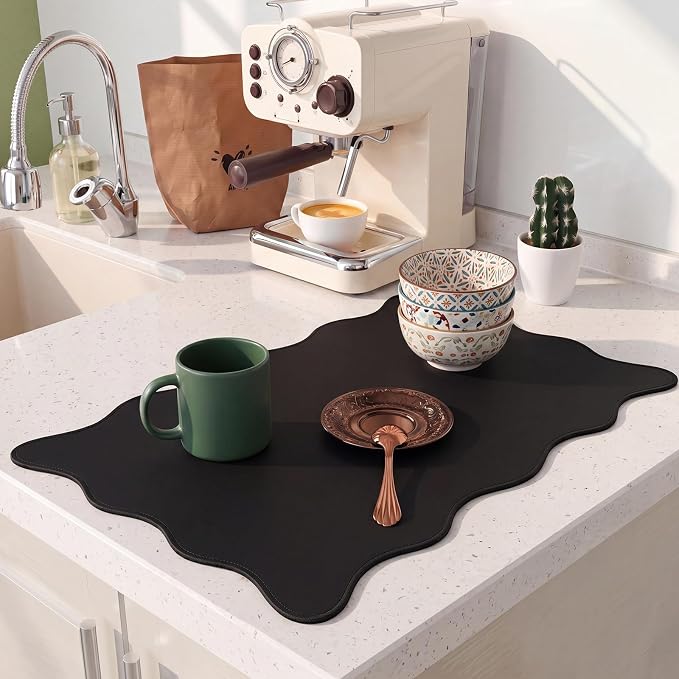 Nuanchu Black Scalloped Dish Drying Mat for Kitchen Counter, Waterproof Easy Clean Non-slip Coffee Bar Station Accessories, Trendy Cute Aesthetic Modern Drainer Kitchen Drying Mat, 12" x 19"