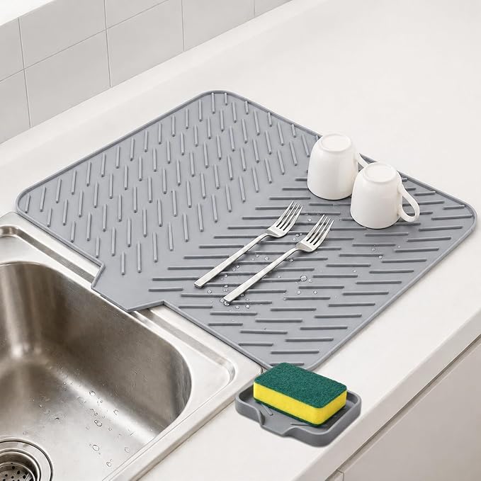 Large Silicone Dish Drying Mat – 23"x17" Sloped Sink Draining Tray with Sponge Holder for Kitchen Counter, Angled Surface for Water Drainage, Silicone Rack Mat with Drain Lip(Gray)