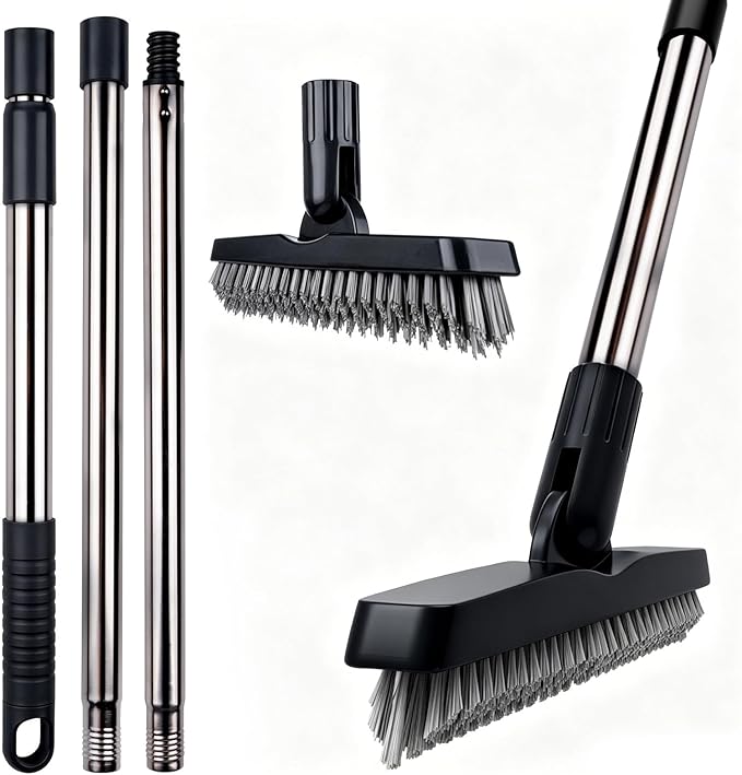 2 Pack Grout Brush with Long Handle, Swivel Cleaning Grout Line Scrubber - Extendable Durable Handle Grout Cleaner Brush for Bathroom,Tile,Baseboard,Walk in Shower,Corner & Narrow Space (Black)
