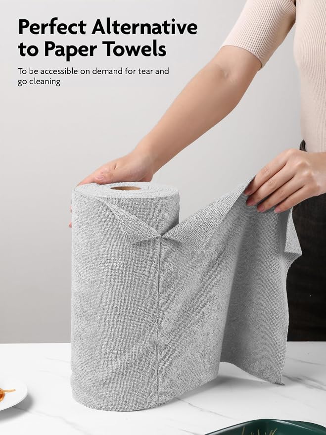 Fantasticlean Microfiber Cleaning Cloth Roll- 40 Sheets, 12" x 12" (Grey) | Super Absorbent, Lint-free, Tear-away Microfiber Towel Roll, for All-Purpose Cleaning, Reusable Alternative to Paper Towels
