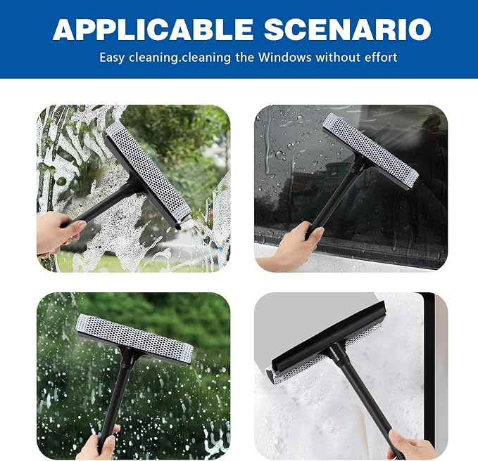 Window Squeegee, 2-in-1 Window Cleaner, Window Washing Kit, Multi-Use Car Windshield Cleaning Tool with Long Handle for Glass,Shower,Outdoor Window Cleaning (15.9")