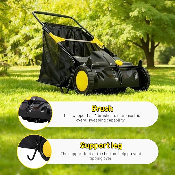 26 Inch Push Lawn Sweeper, Hand Powered Leaf & Grass Sweeper with 7 Cu Ft Hopper, 4 High-Speed Brushes, Height Adjustable, ABS & Steel Frame for Yard Lawn Cleanup (26 Inch Black)