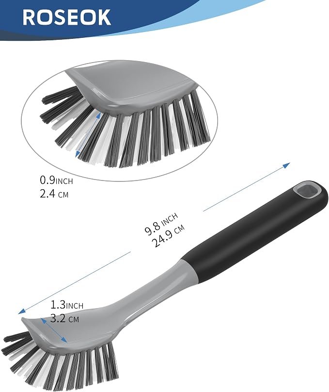ROSEOK Dish Brush, Dish Scrubber, Nylon Bristles with Built-in Scraper | For Cleaning Dishes, Pots, Non-Stick Pans and Sinks, Black, 2 Pack