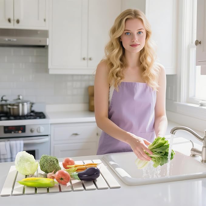 Large Stone Dish Drying Mat for Kitchen Counter,23.6''x15.3'' Foldable Quick Dry Stone Kitchen Mat,Eco-Friendly,Absorbent Diatomaceous Earth Mats for Dishes Bottles Cups Bathroom Any Countertop-White