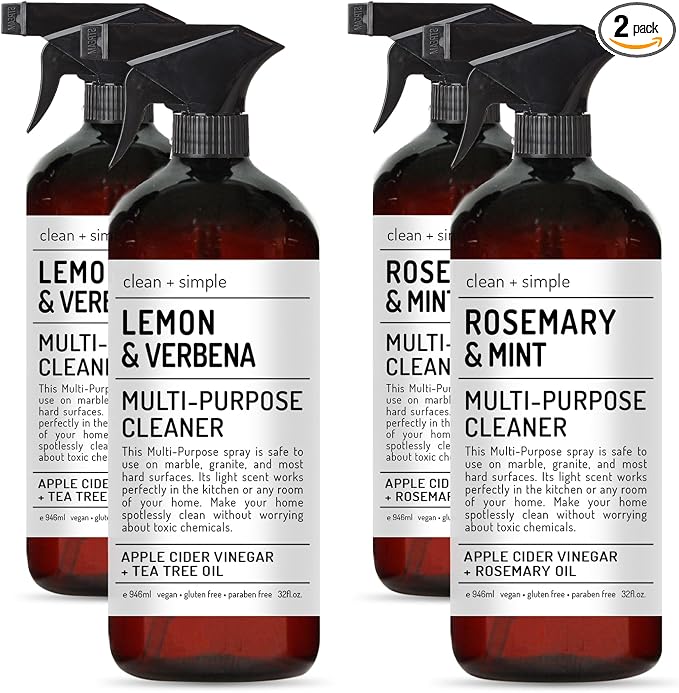 Clean + Simple Multi Purpose Cleaners | With Apple Cider Vineager, Rosemary, And Tea Tree Oil | Set of 4 32oz bottles | Home and Body Company