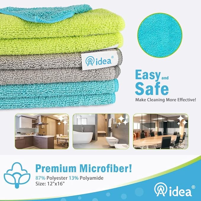 AIDEA Microfiber Cleaning Cloth-8PK, Microfiber Towels for Cars 12"x16" | Soft Absorbent Cleaning Rags, Reusable Microfiber Towel Lint-Free Streak-Free for House, Kitchen, Window Multicolor