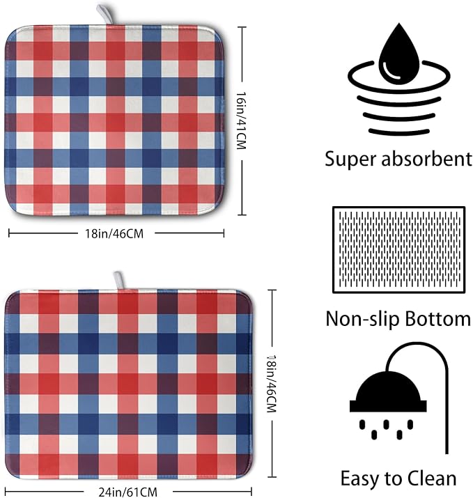 4th of July Dish Drying Mat Patriotic Buffalo Plaid Drying Mats for Kitchen Counter Absorbent Microfiber Dish Drainer Pad Independence Memorial Day Dish Draining Mat 18x24 Inch