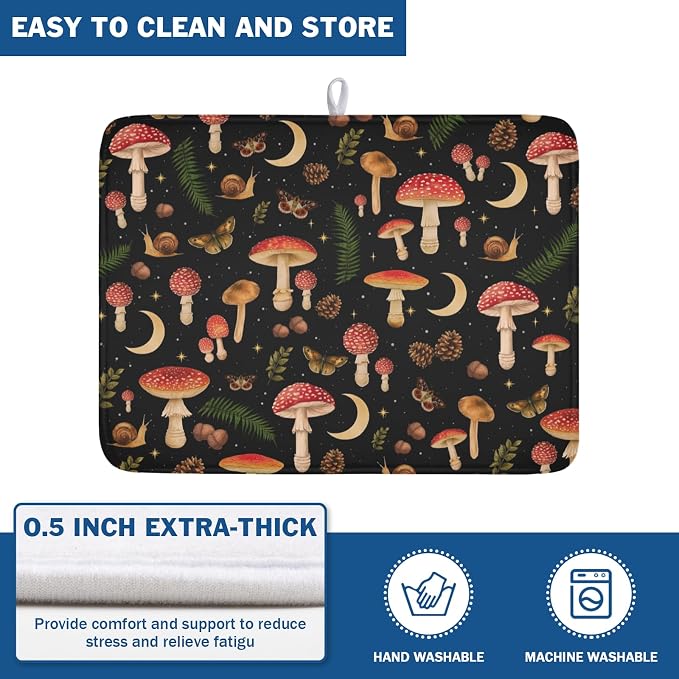 Botanical Mushroom Fern Leaf Dish Drying Mat 18x24 Inch | Butterfly，Polyester，Absorbent Microfiber，for Kitchen Coffee Dining Bar Decor
