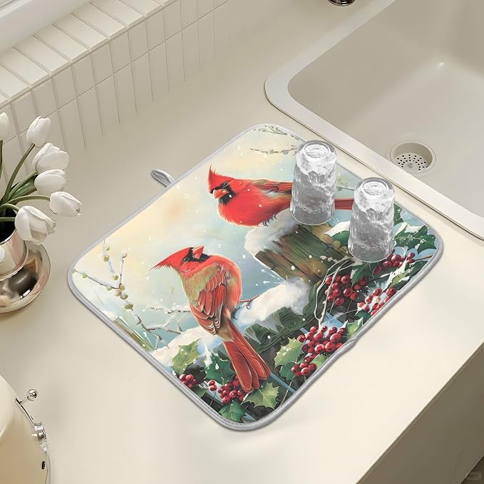 Winter Birds Snowflakes Berry Dish Drying Mat for Kitchen Counter Absorbent Microfiber Small Christmas Drying Pad Dish Mats for Kitchen Countertops 16 x 18 Inch