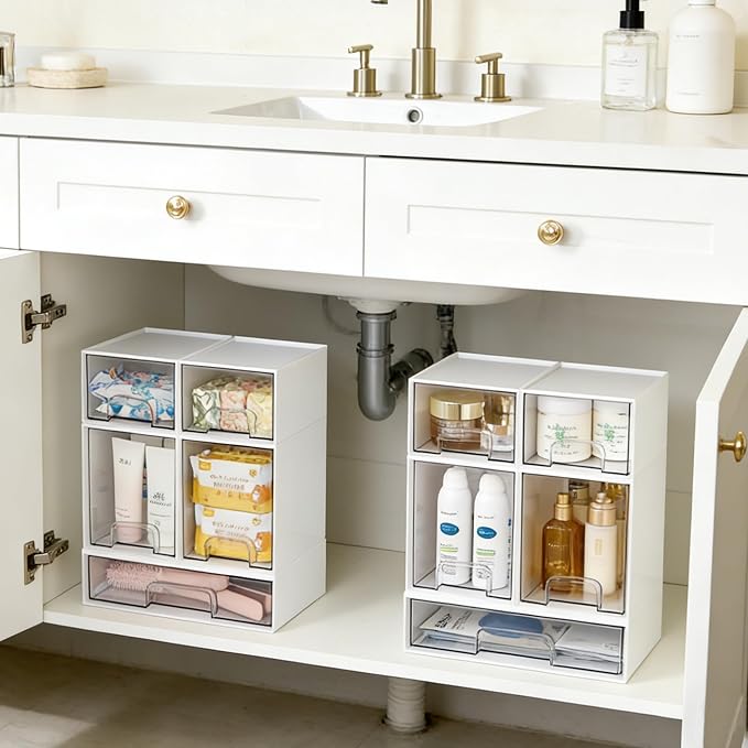 Vtopmart Stackable Storage Drawers Set of 5, Plastic Organizer Bins for Baby Bottle, Beauty Supplies Storage, Ideal for Kichen Countertop, Vanity, Bathroom, Cabinet, Pantry Organization,White