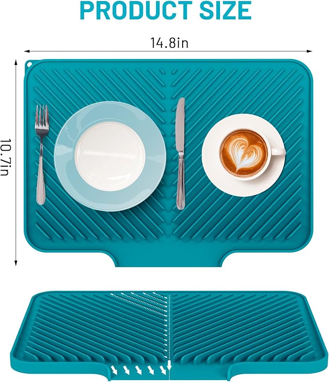 Dish Drying Mat Kitchen Counter - Silicone Dish Drying Pad with Built-in Drain for Sink, Refrigerator and Drawer liner, Easy Clean, Non-Slip, Heat Resistant, 14.8" x 10.7"