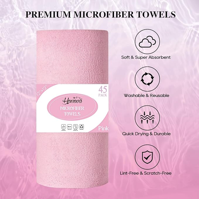 Microfiber Cleaning Cloth Roll 45 Pack, 12"×12", Reusable, Tear Away, Pink | Reusable Paper Towels，Tear Away, Highly Absorbent, Lint Free, All-Purpose Washable for Kitchen, Window, Car, Shop