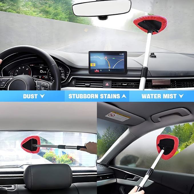 Extendable Car Windshield Cleaning Tool with Microfiber Pads, Red | reusable glass-wiper design, interior and exterior window use, fits most cars, SUVs, and trucks, automotive cleaning tools