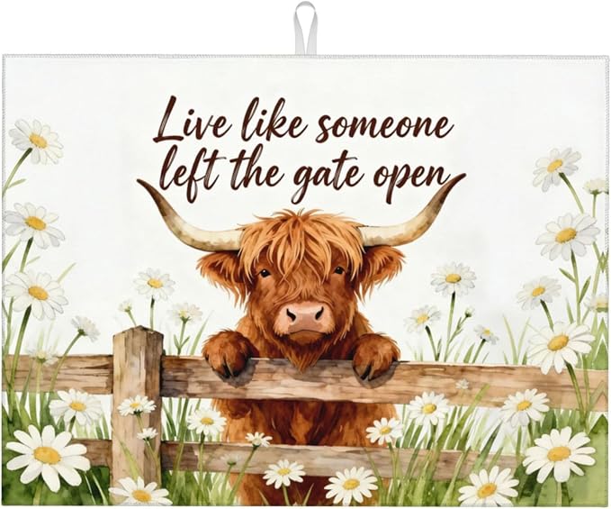 Highland Cow Dish Drying Mat, for Farmhouse Kitchen Counter Microfiber Absorbent, Funny Dish Draining Mat Extra Large 18"x24"