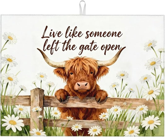 Highland Cow Dish Drying Mat, for Farmhouse Kitchen Counter Microfiber Absorbent, Funny Dish Draining Mat Extra Large 18"x24"