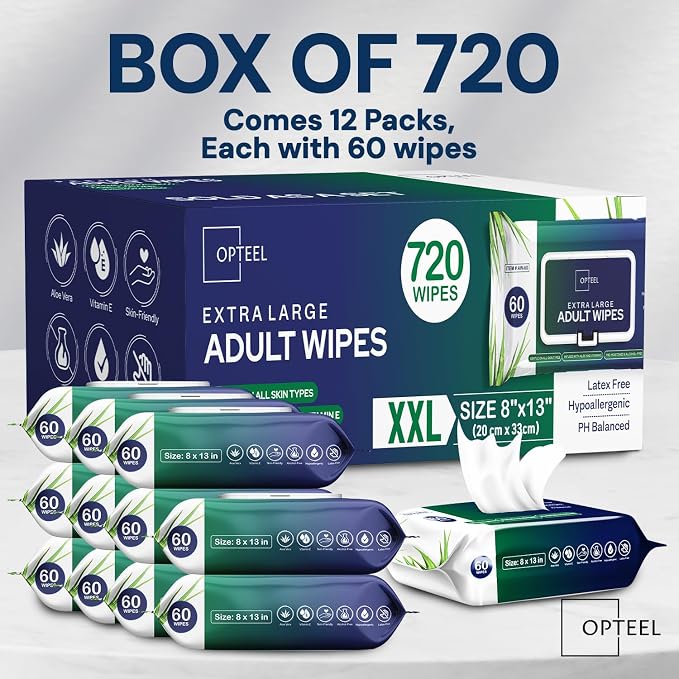 OPTEEL Adult Wipes for the Elderly – Extra Large 8x13, Pre-Moistened 720ct | Rinse-Free, Unscented, Super Soft, Aloe & Vitamin E Infused Disposable Washcloths for Personal Cleansing & Incontinence Care