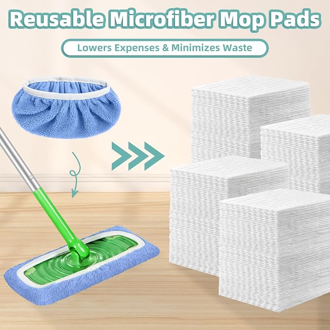 Reusable Mop Pads Compatible with Swiffer Sweeper Mop, Microfiber Dry Sweeping Cloths & Machine Washable Wet Pads Refill for Use on All Sealed Floors - Stone, Hardwood, Laminate & Tile (10 Blue)
