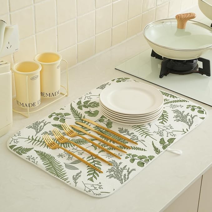Sage Green Herb Leaves Dish Drying Mat 18 x 24 Inch Vintage Sage Green Leaf Plant Drying Mat for Kitchen Counter Absorbent Spring Summer Botanical Dishes Dry Pad for Drainer Rack Kitchen Fast Dry