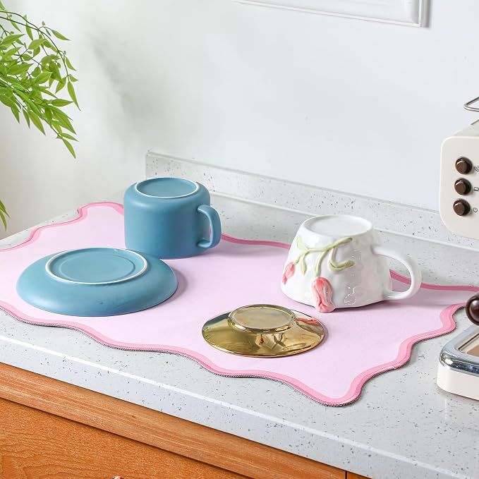 Nuanchu Pink Scalloped Coffee Mat 12" x 19" Coffee Bar Accessories Cute Dish Drying Mat for Kitchen Counter Aesthetic Waterproof Coquette Drainer Pad