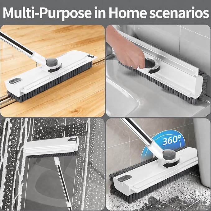 3 in 1 Floor Scrub Brush,Floor Scrubber with Squeegee and Tweezer, Push Broom with Long Handle,Heavy-Duty Stiff 90° Bristle Broom for Patio,Shower, Garage,Deck,Tile, Concrete & Wood Surface (White)