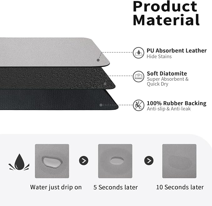 HotLive Dish Drying Mat for Kitchen Counter, Heat Resistant Drainer Mats with Non-slip Rubber Backed, Hide Stain Kitchen Super Absorbent Draining Mat, Easy to Clean Dish Rack Pad, Grey 18"x24"