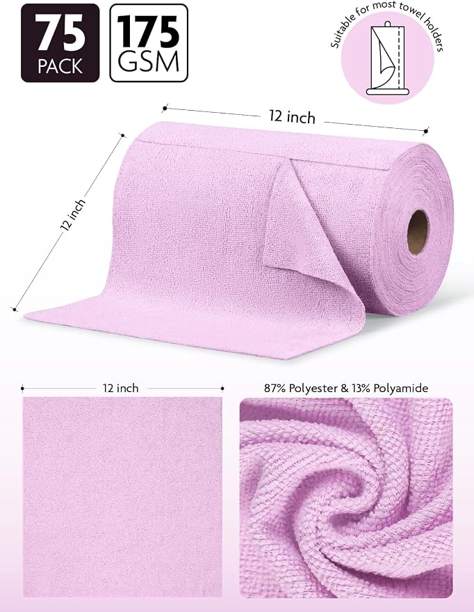 Fantasticlean Microfiber Cleaning Cloth Roll-75 Sheets, 12" x 12" (Purple) | Super Absorbent, Lint-free, Tear-away Microfiber Towel Roll, for All-Purpose Cleaning, Reusable Alternative to Paper Towels