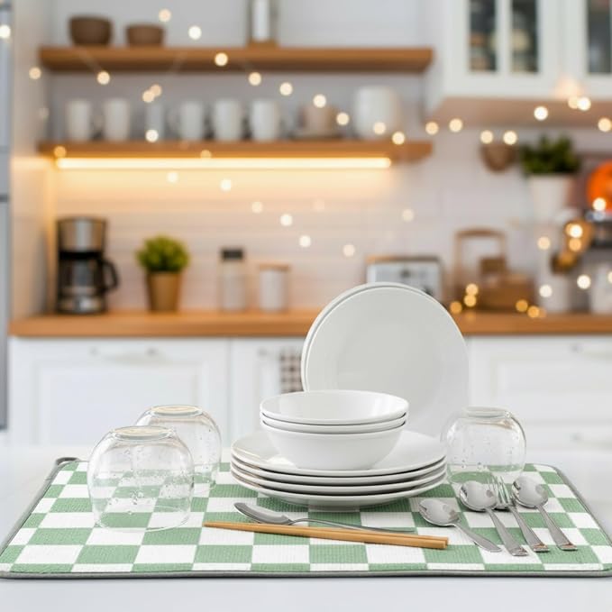 Zonon Green Checkered Dish Drying Mat for Kitchen Counter 16" x 24" Microfiber Absorbent Dish Drainer Rack Pads Fast Dry Mat Vintage Kitchen Decorations