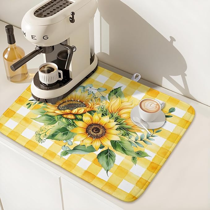 Sunflower Dish Drying Mat 18x24 Inch Absorbent Reversible Summer Sunflower Drying Mat Summer Plaid Dish Drying Rack Mat Yellow Summer Themed Dish Drainer Mat for Kitchen Counter Coffee Bar