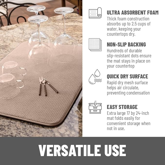 Bellemain XL Dish Mat 24" x 17" ( LARGEST MAT ) Microfiber Dish Drying Mat , Super absorbent ( Mocha )