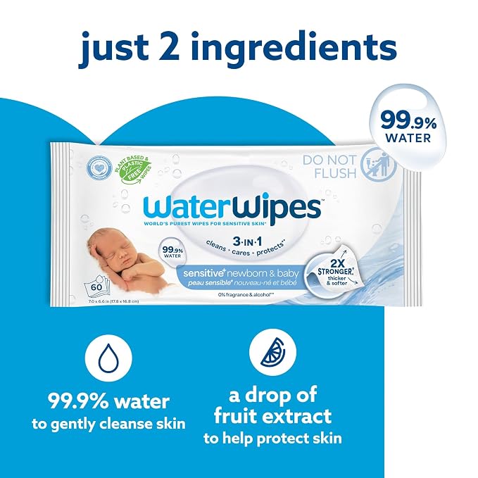 WaterWipes Sensitive+ Newborn & Baby Wipes, 3-In-1 Cleans, Cares, Protects, 99.9% Water, Unscented & Hypoallergenic, 300 Count (5 Packs)