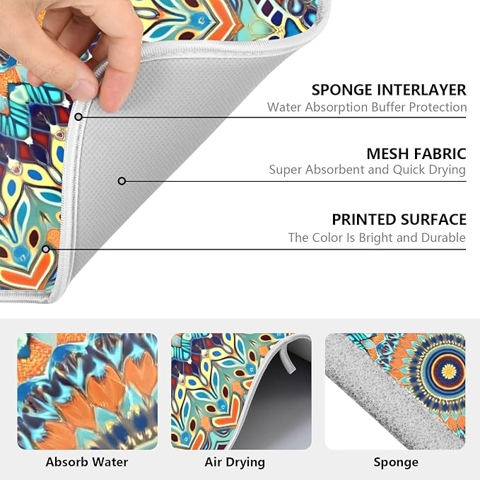 Bohemian Mandala Dish Drying Mat for Kitchen Counter Absorbent Microfiber Large Boho Ethnic Drying Pad Dish Mats for Kitchen Countertops 18 x 24 Inch
