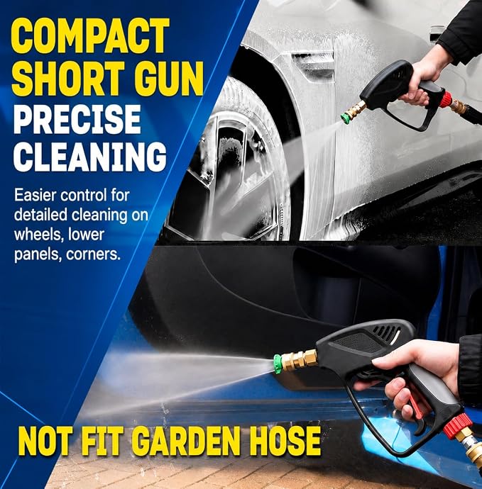 TOOLCY Pro Short Pressure Washer Gun 5000 PSI with 360° Swivel,3/8" Quick Connect Inlet, Power Washer Gun with 1/4" Quick Connect Outlet, Includes 3/8" QC to M22-14mm Adapter & 5 Nozzle Tips