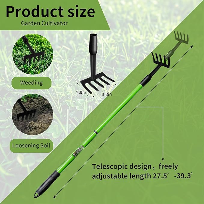 Small Garden Rake, 27-39" Telescopic Hand Cultivator | 5 Tine Metal Head, Adjustable Long Handle for Tight Spaces, Ergonomic Lawn Weeding Tool for Seniors Flower Beds Pots