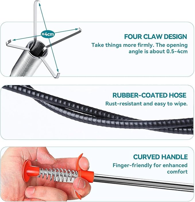 33-Inch Toilet Snake, Flexible Grabber Claw for Sink, Shower, Tub