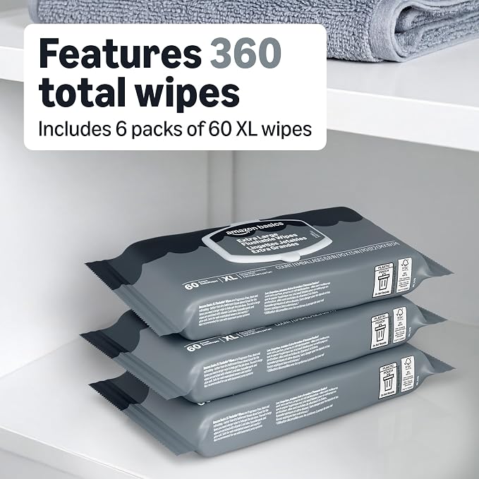 Amazon Basics Extra Large Flushable Wipes, 360 Wipes (6 Packs of 60), Adult Wet Wipes and Resealable Closure, Packaging May Vary