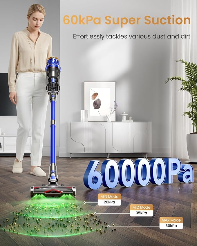 Cordless Vacuum Cleaner, Upgraded 650W 60KPA 70Mins Vacuum Cleaners for Home, Self-Standing Stick Vacuum Cleaner, Anti-tangle Wireless, OLED Screen, 1.8L Cup for Hardwood Floors,Carpet,Pet Hair,Car