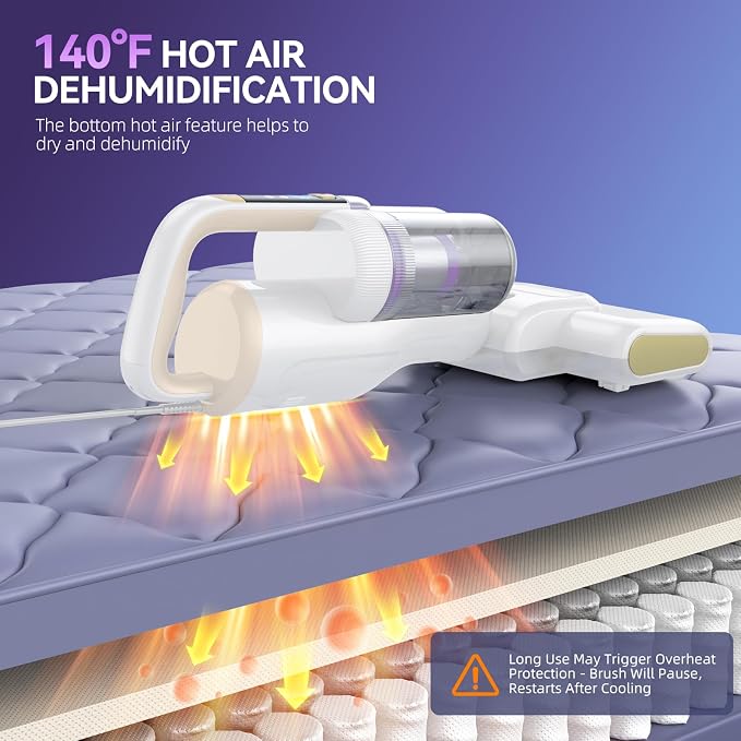 Mattress Vacuum Cleaner, 20Kpa Suction Bed Vacuum Cleaner with 253.7nm UV-C Light, 140°F Heated Air, 30000 RPM Brushroll, 40,000Hz Ultrasonic, HEPA Filter, for Bed, Sofa, 500W Corded (White)
