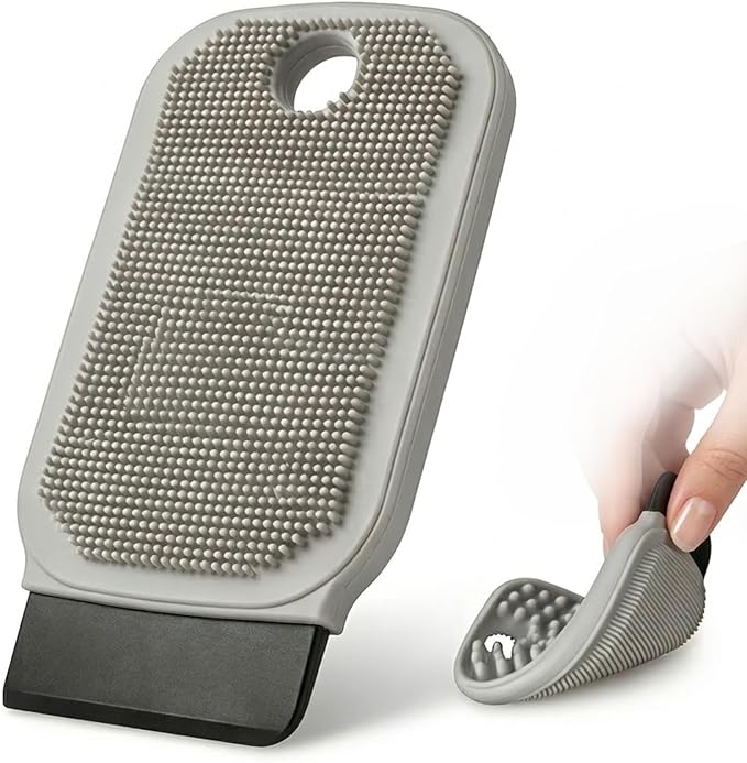 3-in-1 Silicone Dish Sponge-Food-Grade BPA-Free Cleaning Brush with Dual-Sided Comb&Scraper,Hanging Hole for Easy Storage,Fast-Dry Reusable Kitchen Gadget for Dishes/Fruits/Vegetables (Grey 1PCS)